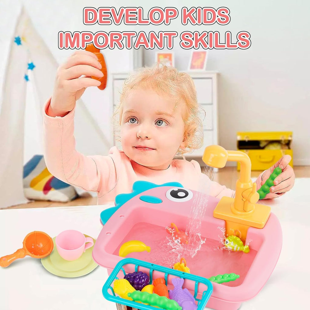 2-in-1 Dinosaur-Themed Kitchen Sink Playset with Fishing Game &amp; Working Tap – Interactive Water Play Toy for Kids