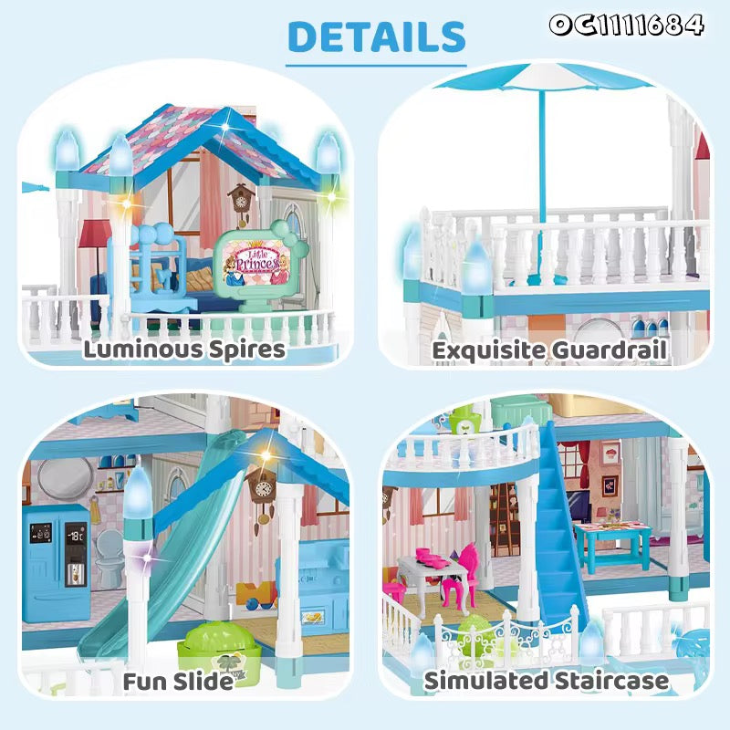 275 Pcs Girls 10 Rooms Blue Villa Doll House with Toys, Furniture, Accessories & Lights