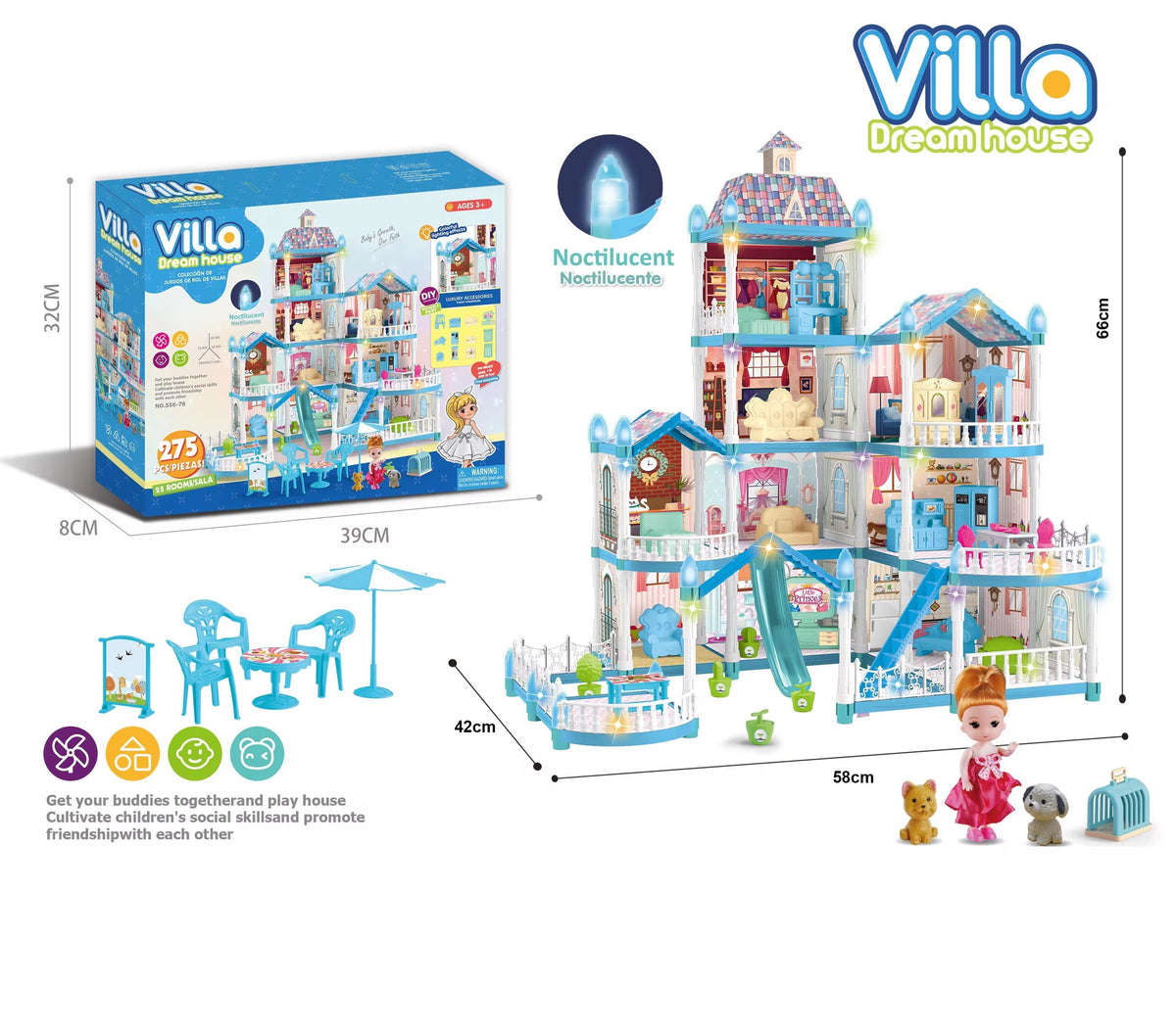 275 Pcs Girls 10 Rooms Blue Villa Doll House with Toys, Furniture, Accessories & Lights