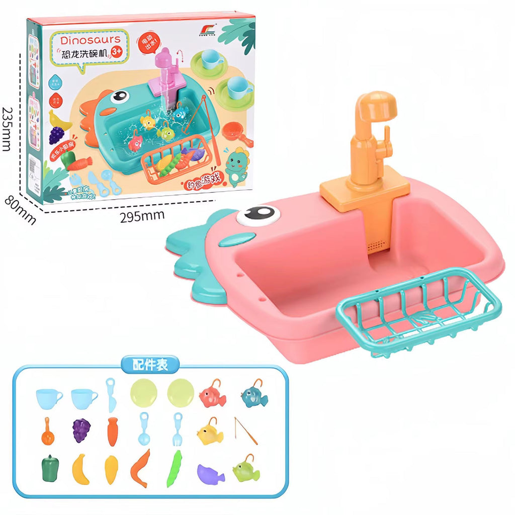 2-in-1 Dinosaur-Themed Kitchen Sink Playset with Fishing Game &amp; Working Tap – Interactive Water Play Toy for Kids