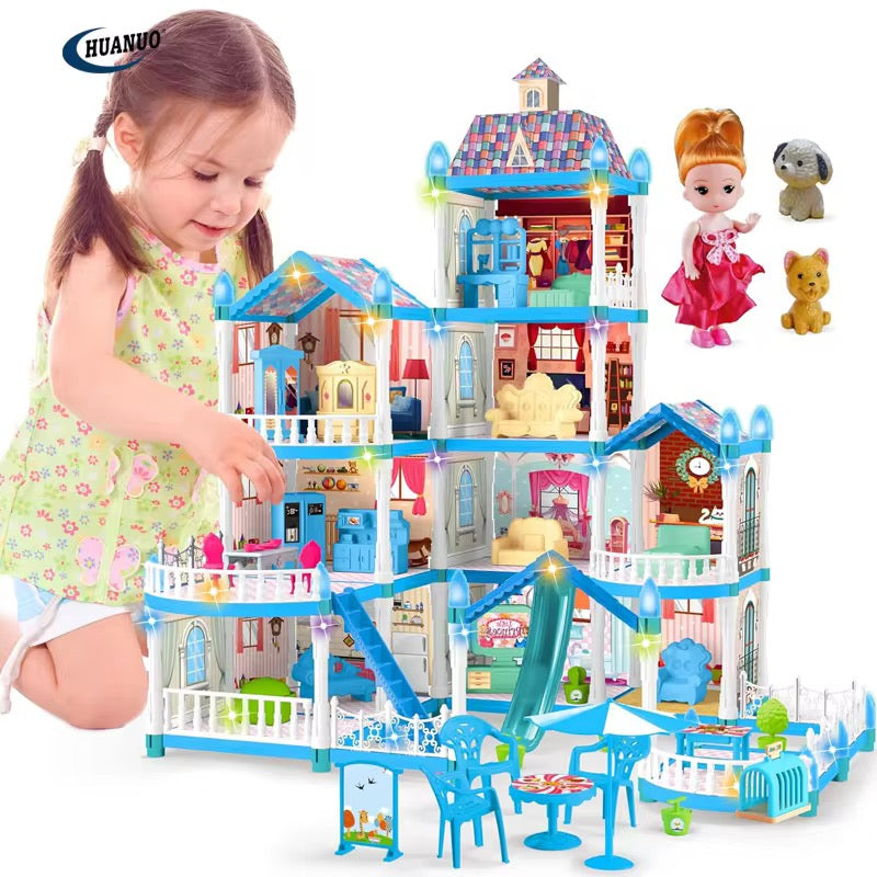 275 Pcs Girls 10 Rooms Blue Villa Doll House with Toys, Furniture, Accessories & Lights