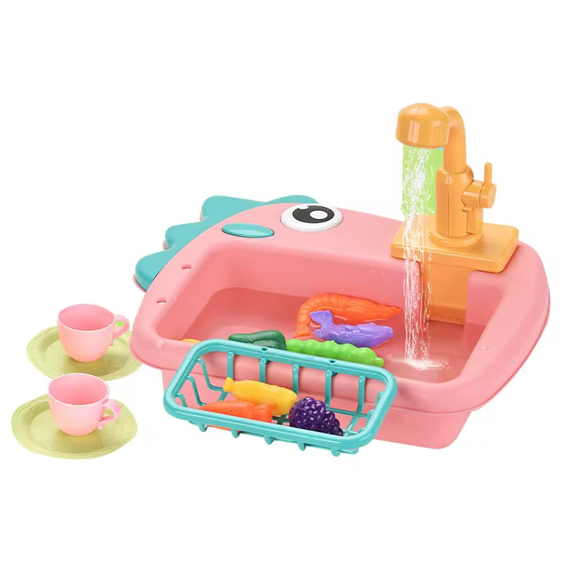 2-in-1 Dinosaur-Themed Kitchen Sink Playset with Fishing Game &amp; Working Tap – Interactive Water Play Toy for Kids