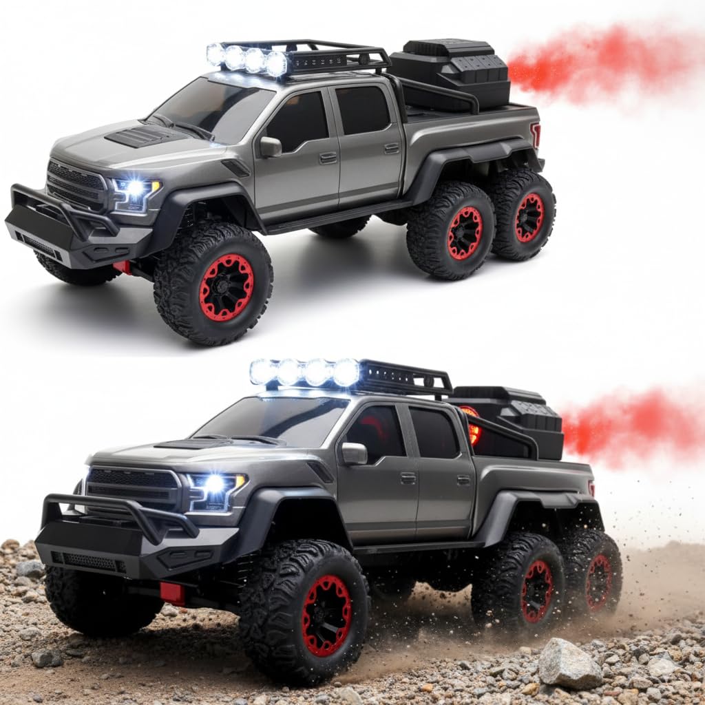 Jack Royal 6 Wheel Raptor Style RC Car with Smoke Spray, LED Lights & 4-Way Remote Control – Rechargeable Off-Road Monster Truck Toy Vehicle for Kids