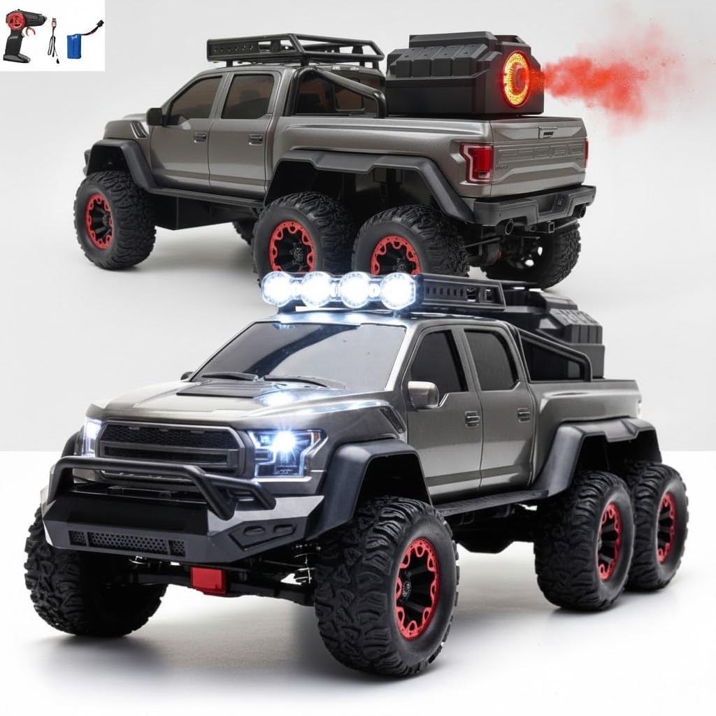 Jack Royal 6 Wheel Raptor Style RC Car with Smoke Spray, LED Lights & 4-Way Remote Control – Rechargeable Off-Road Monster Truck Toy Vehicle for Kids