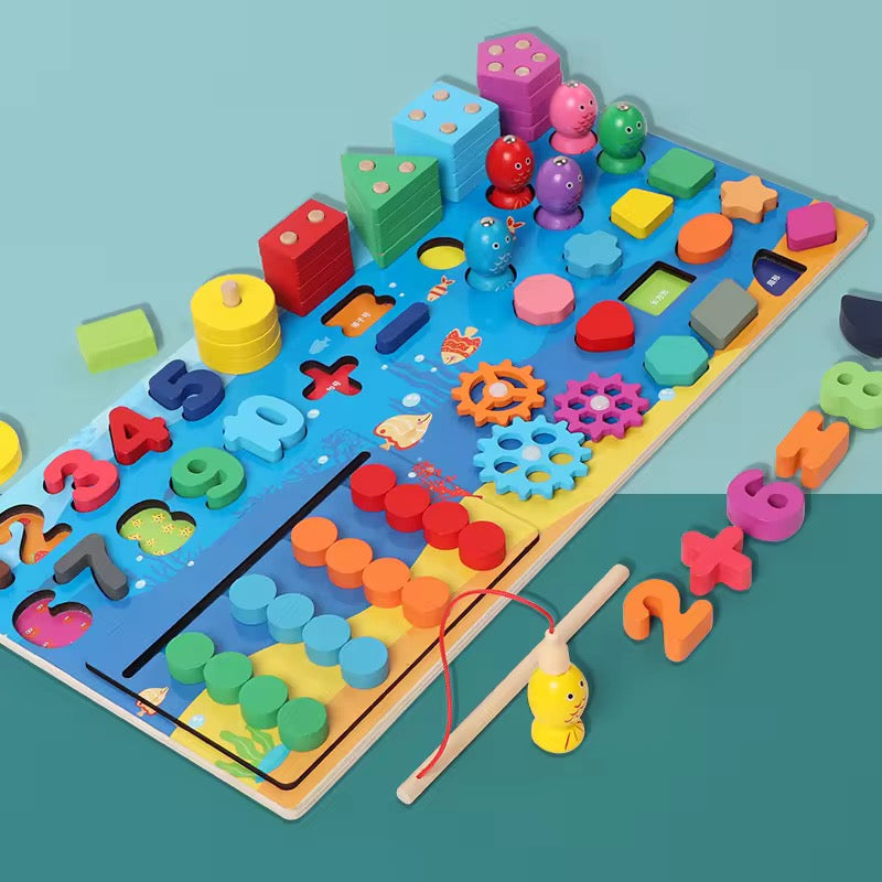 Montessori Wooden Multifunctional Busy Board – Magnetic Fishing Puzzle &amp; Early Education Activity Toy