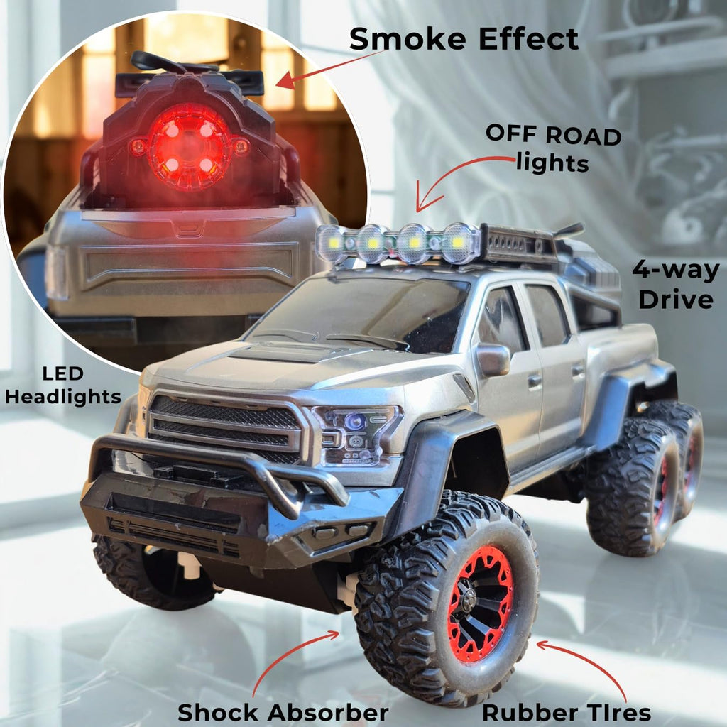Jack Royal 6 Wheel Raptor Style RC Car with Smoke Spray, LED Lights & 4-Way Remote Control – Rechargeable Off-Road Monster Truck Toy Vehicle for Kids