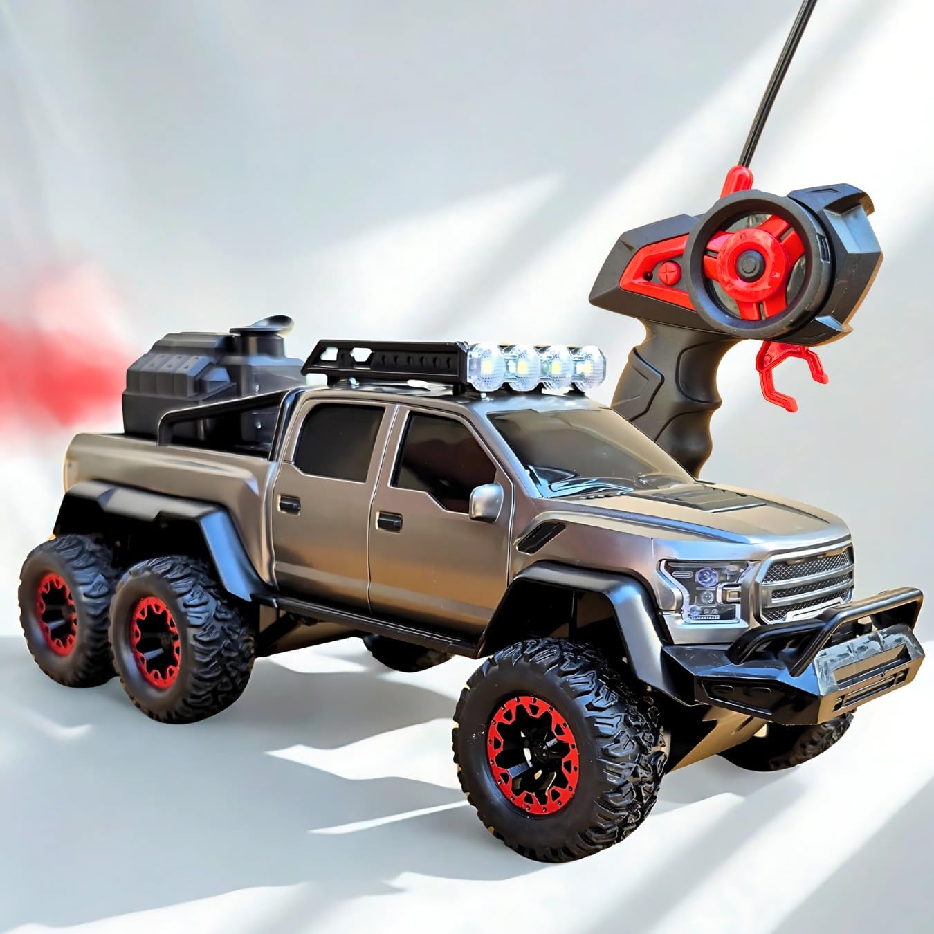 Jack Royal 6 Wheel Raptor Style RC Car with Smoke Spray, LED Lights & 4-Way Remote Control – Rechargeable Off-Road Monster Truck Toy Vehicle for Kids