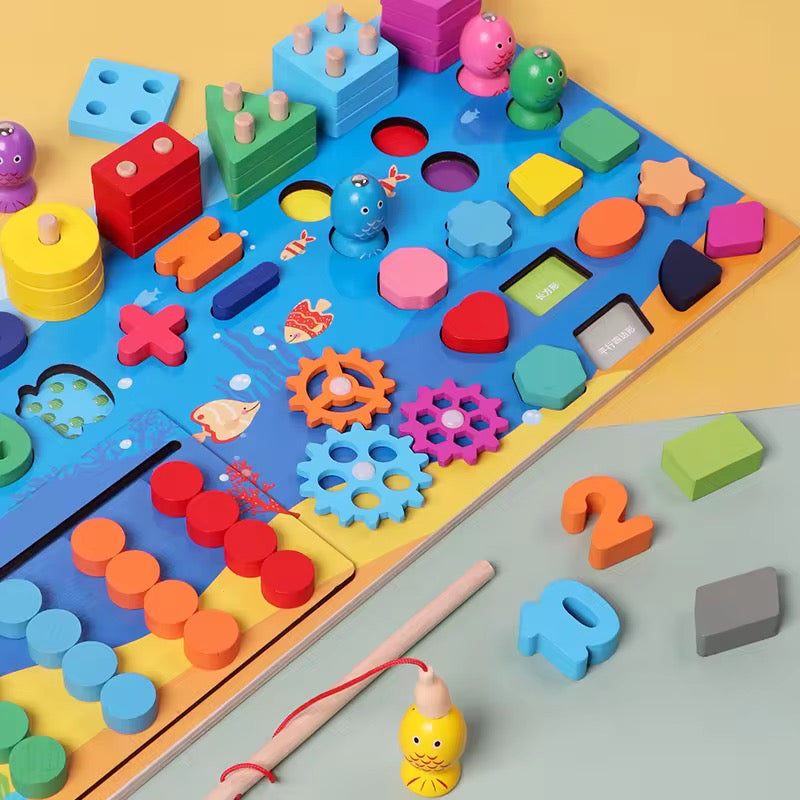 Montessori Wooden Multifunctional Busy Board – Magnetic Fishing Puzzle &amp; Early Education Activity Toy