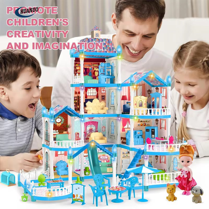 275 Pcs Girls 10 Rooms Blue Villa Doll House with Toys, Furniture, Accessories & Lights