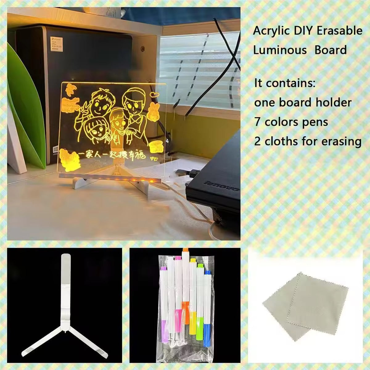 LED Acrylic Writing Board with Stand &amp; Colourful Markers (Removable Template) – Glow Drawing &amp; Learning Board for Kids