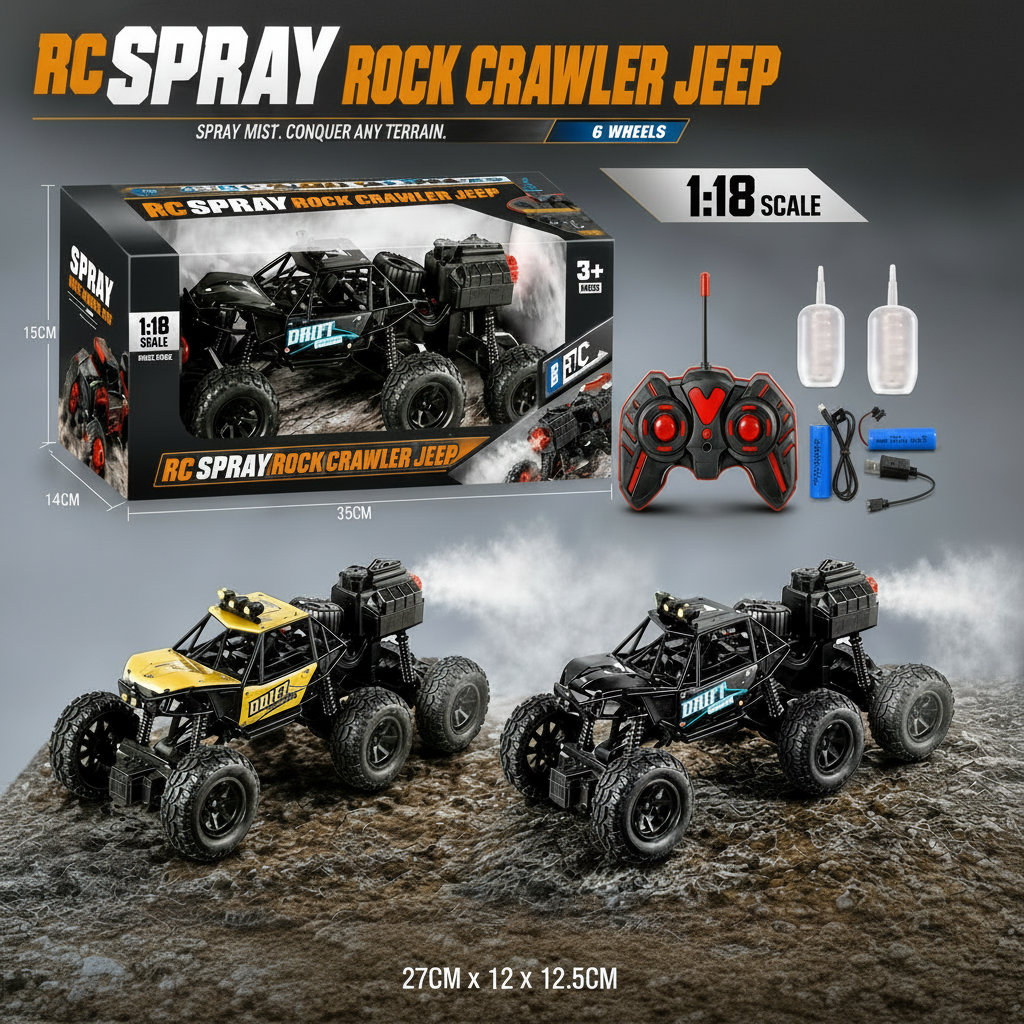 RC Spray Rock Crawler Jeep 1:18 Scale – Off-Road Remote Control Climbing Car for Kids