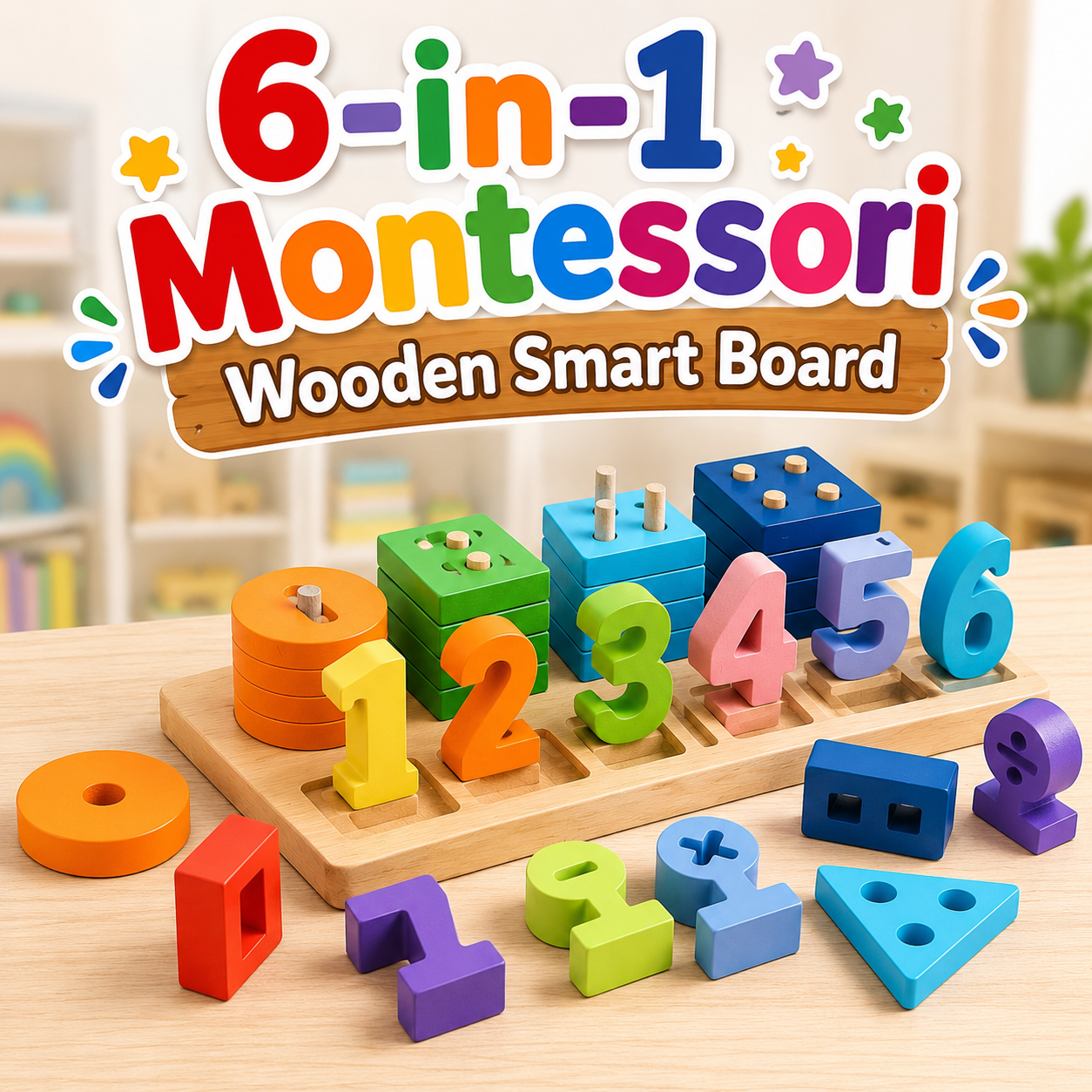 Wooden Number Board – Counting, Sorting & Stacking Learning Toy for Kids