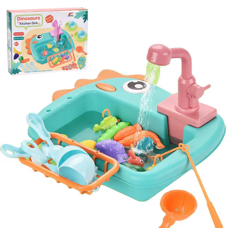 2-in-1 Dinosaur-Themed Kitchen Sink Playset with Fishing Game &amp; Working Tap – Interactive Water Play Toy for Kids
