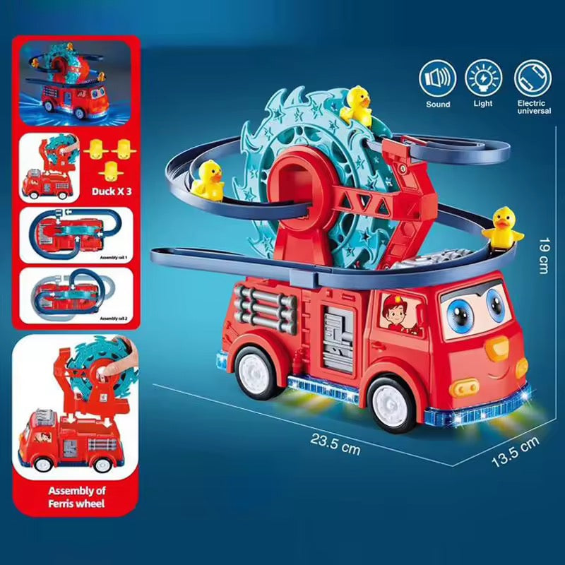 Electric Duck Climbing Stairs Toy – Light &amp; Music Slide Track with Ferris Wheels