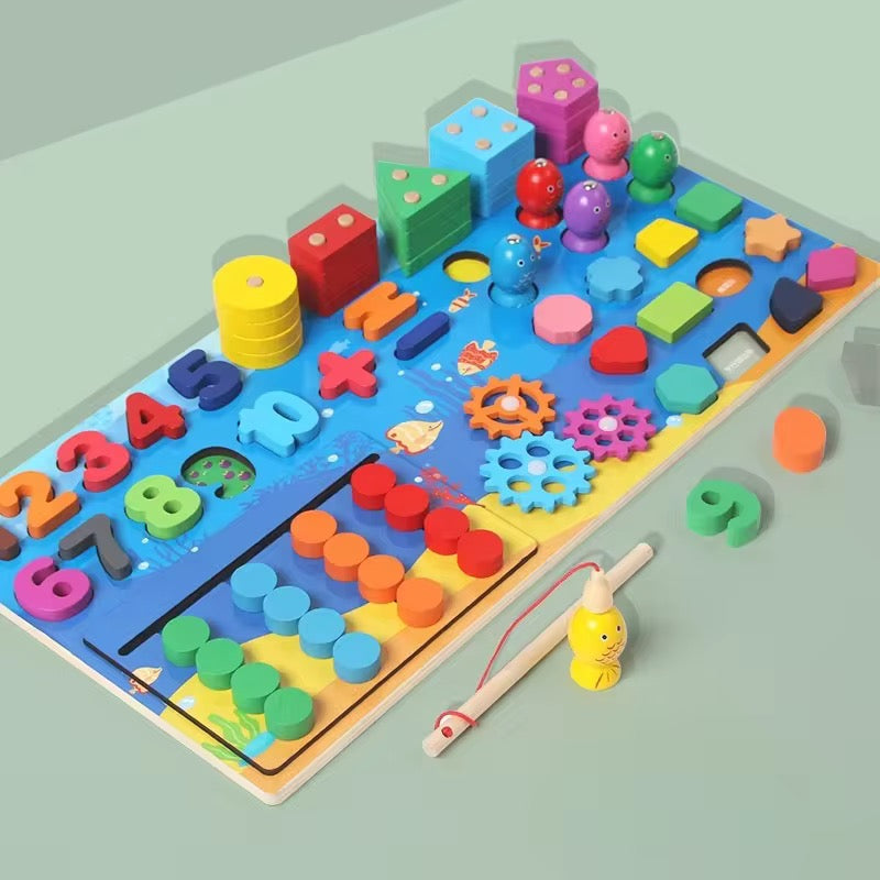 Montessori Wooden Multifunctional Busy Board – Magnetic Fishing Puzzle &amp; Early Education Activity Toy