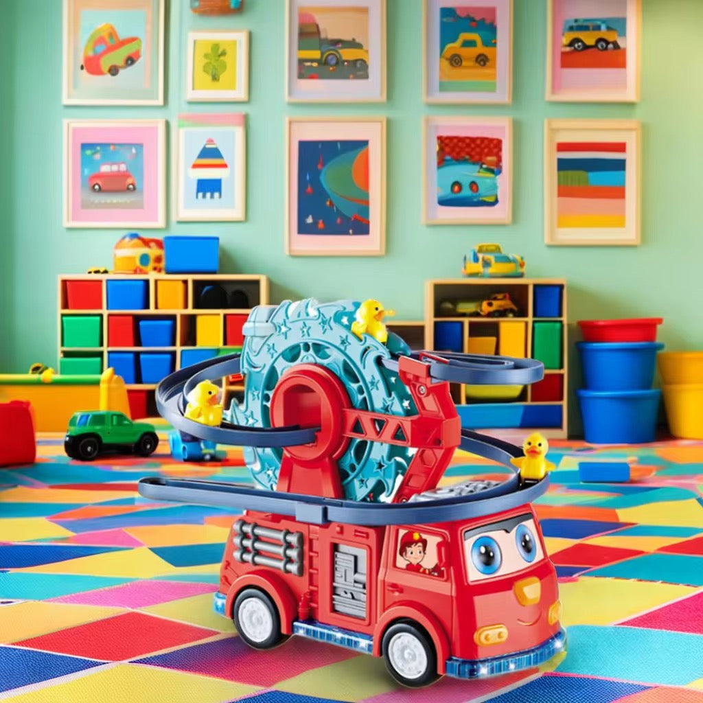 Electric Duck Climbing Stairs Toy – Light &amp; Music Slide Track with Ferris Wheels