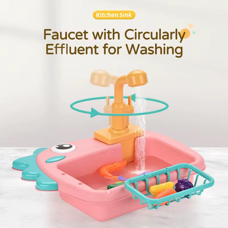 2-in-1 Dinosaur-Themed Kitchen Sink Playset with Fishing Game &amp; Working Tap – Interactive Water Play Toy for Kids