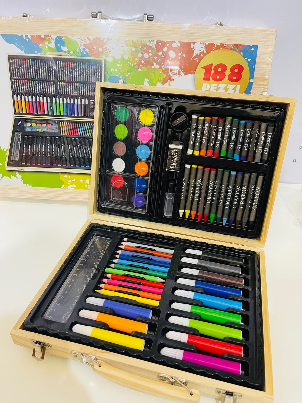 Colouring Art Kit – Multi-Character Wooden Case Set for Kids (188 pcs)